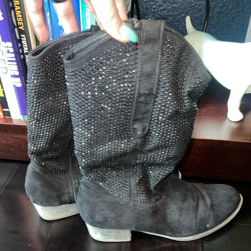 Fabric Rhinestone black Cowboy boots